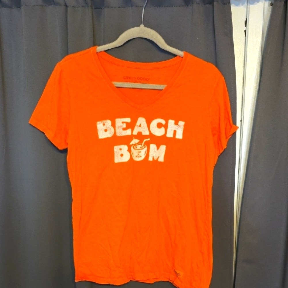Life Is Good Women's‎  Orange Beach Bum Tee V-neck Distressed Graphic Sz M EUC